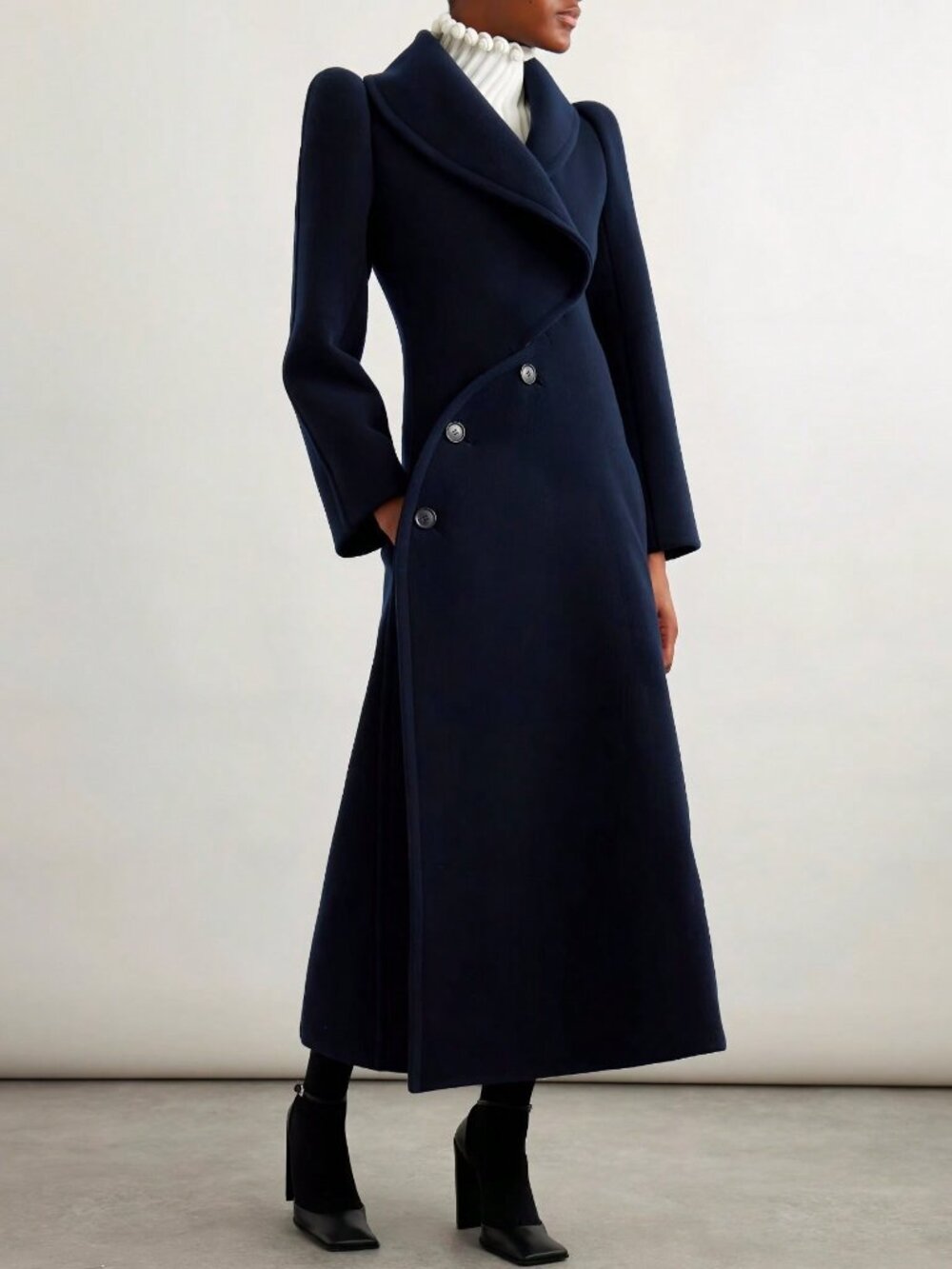 Navy Elegant Oversized Trench Women's Double-Breasted Long Coat